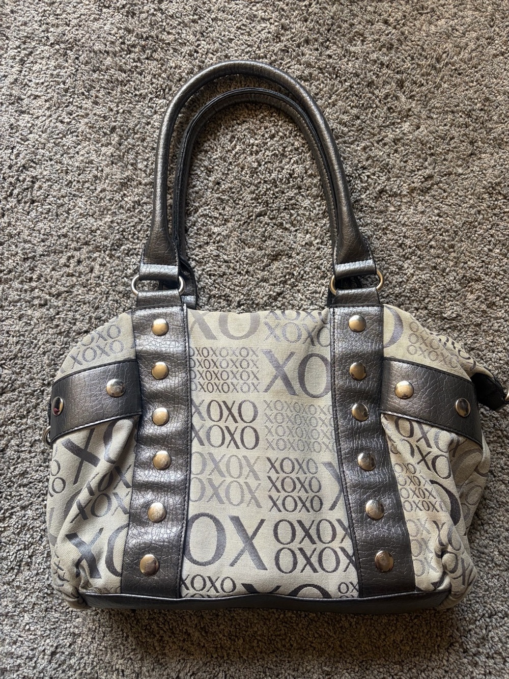 Gray XOXO Patterned Tote Bag with Dark Trim